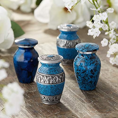 Reminded Mini Cremation Urns Set of 4 Blue Silver with Velvet Case