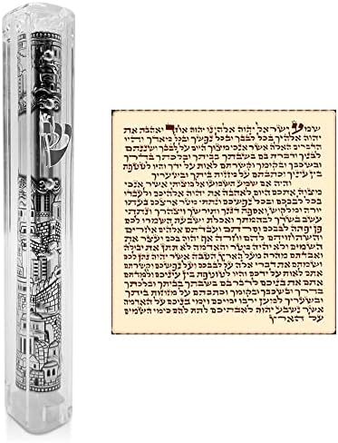 Jerusalem Clear Mezuzah Case with Scroll Silver Ornament