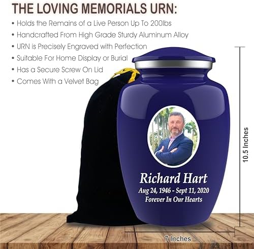 Personalized Photo Cremation Urn with Engraving and Velvet Bag Blue