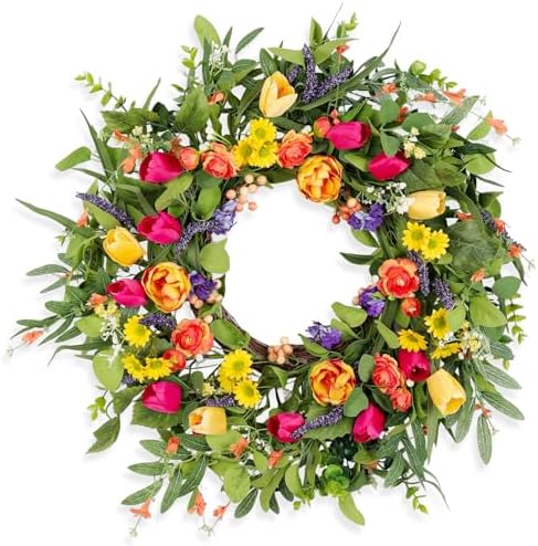 24 Inch Artificial Tulip Wreath for Front Door and Wall