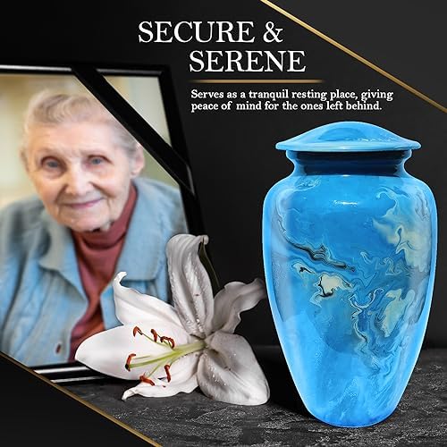 Cremation Urn for Human Ashes - Decorative Blue Marble Aluminum Urn with Velvet Bag