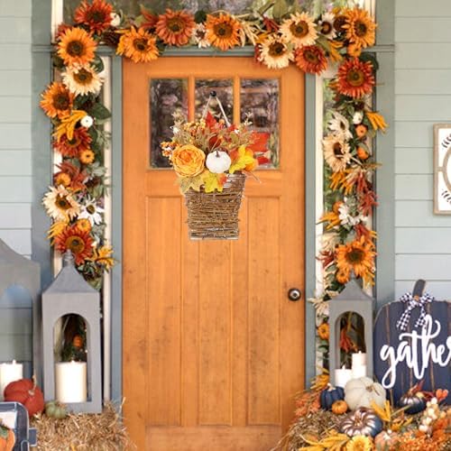 Autumn Peony Pumpkin Wall Hanging Basket for Fall Decor