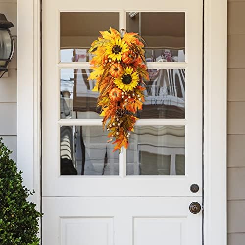 Glitzhome 26 Inch Autumn Sunflower Pumpkin Leaf Swag