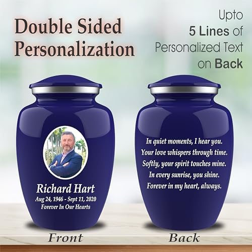 Personalized Photo Cremation Urn with Engraving and Velvet Bag Blue