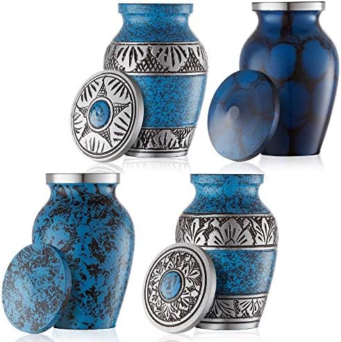 Reminded Mini Cremation Urns Set of 4 Blue Silver with Velvet Case