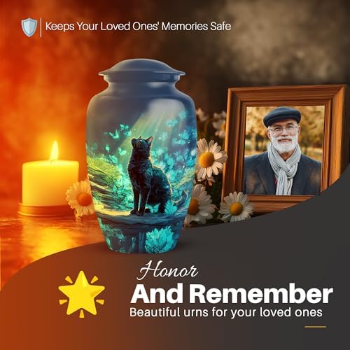 Yatskia 10 Inch Blue Butterfly Cat Cremation Urn for Adult Ashes