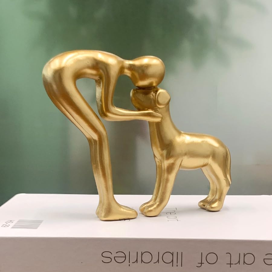 Human and Dog Statue Home Decor Figurine Gold