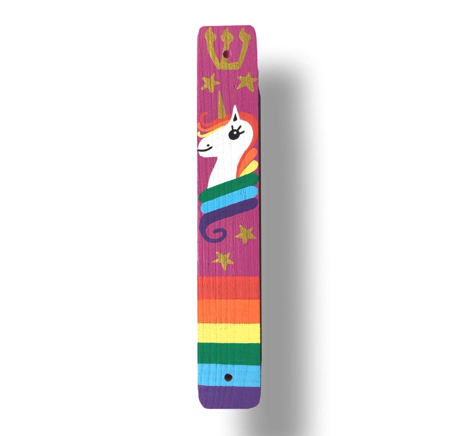 Lea Joelle Unicorn Mezuzah with Rainbow and Stars - Handmade Scroll Case Dark Pink