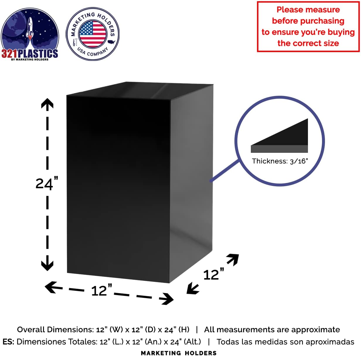 12 x 12 x 24 Acrylic Cube Display Stand Black