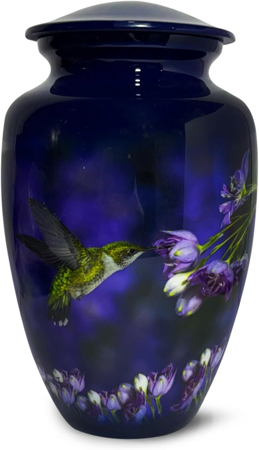 Beautiful Cremation Urns for Adult Human Ashes - Handcrafted Decorative Urn with Hummingbird Design - Blue - Large