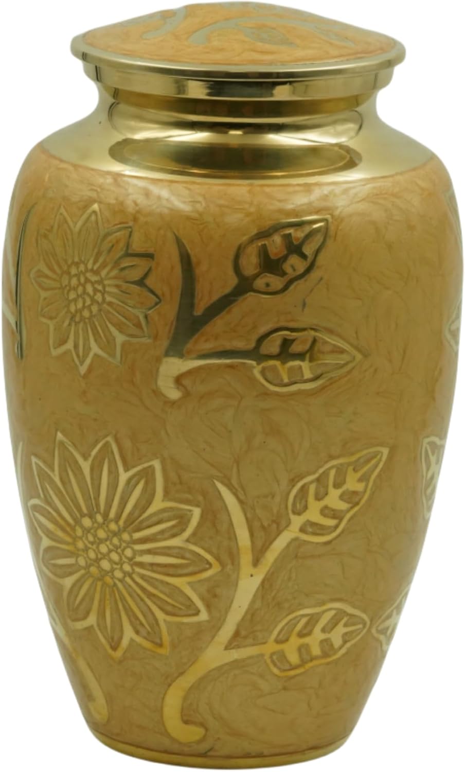 Eternity Cream and Gold Brass Vase Urn with Engraved Gold Leaf Sprigs