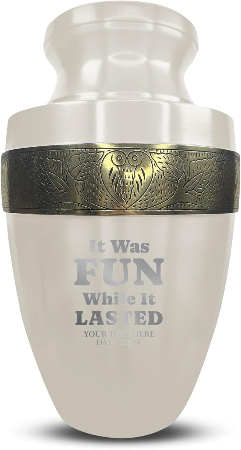 Custom Adult Cremation Urn with Personalized Engraving Elite Dark Humor Series 200 Lbs Capacity White with Gold Rim