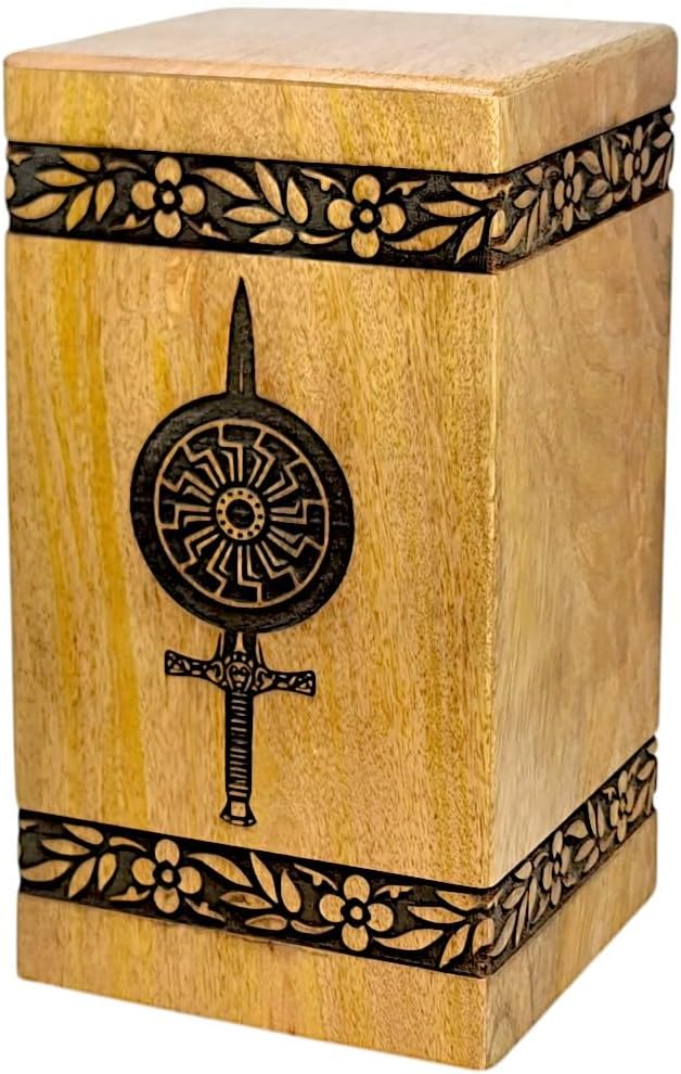 Handcrafted Wooden Cremation Urn with Warrior Engraved Design