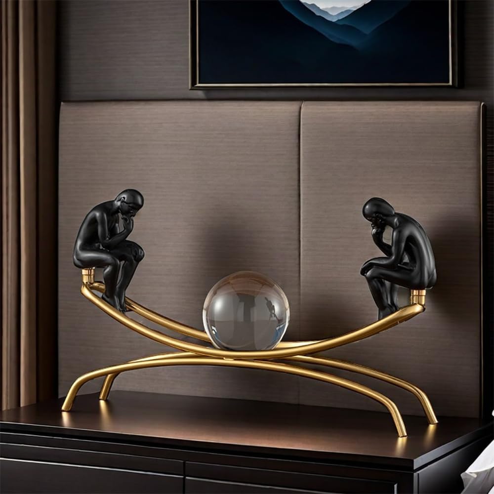 FUNSXBUG The Thinker Statue with Crystal Ball Collectible Figurine Home Decor Black