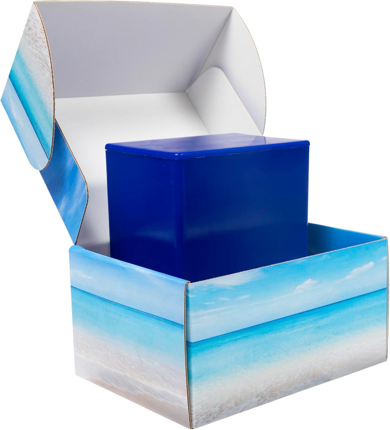 Seashore Themed TSA Approved Travel Cremation Urn Kit - Blue Plastic Urn with Seascape Mailing Box