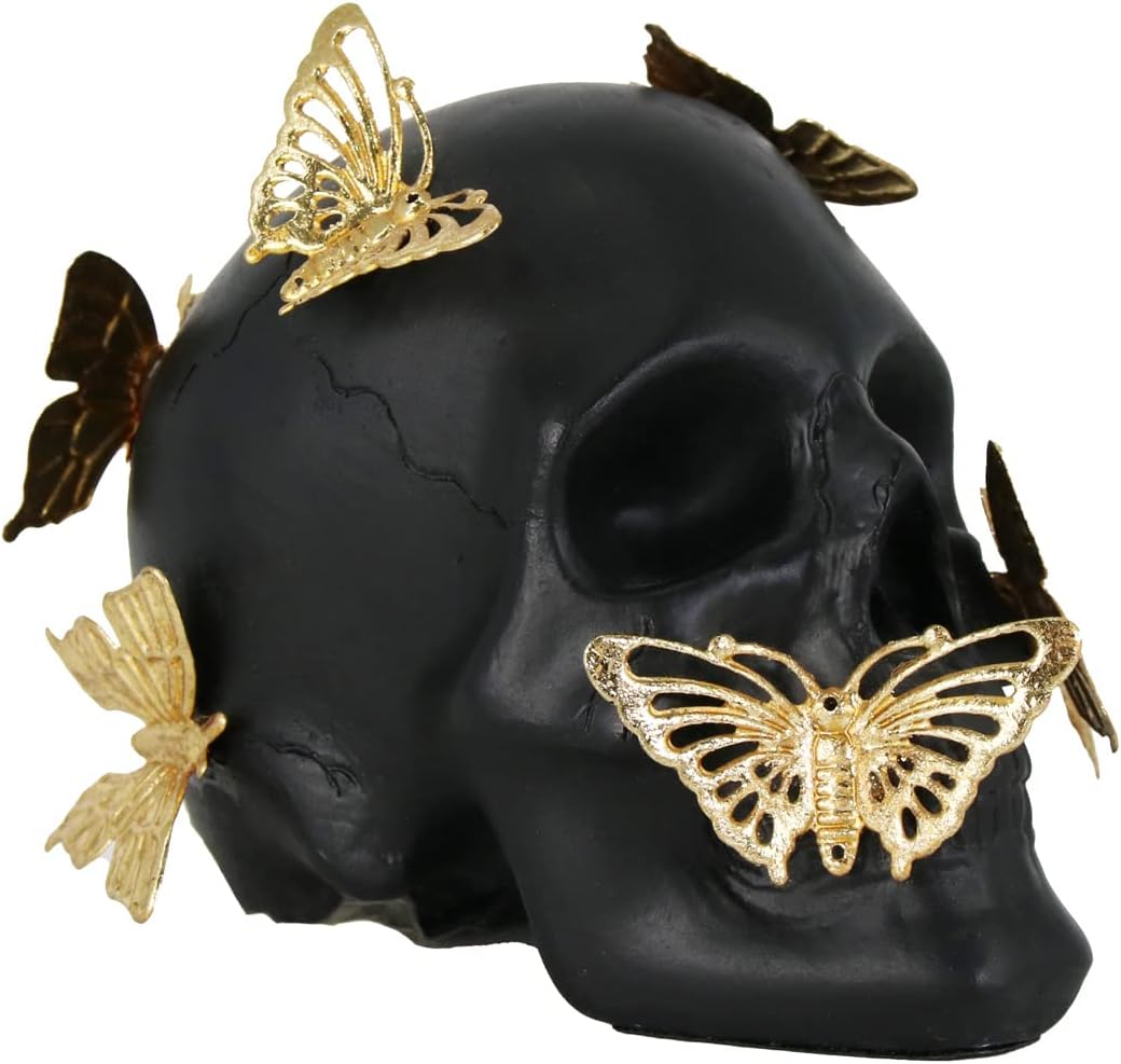 Black Skull Statue with Gold Butterfly Halloween Decor Collectible Figurine