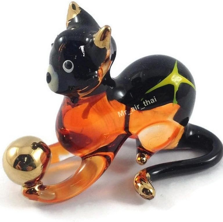 Tiny 2 Inch Black Brown Crouching Play Ball Cat Figurine