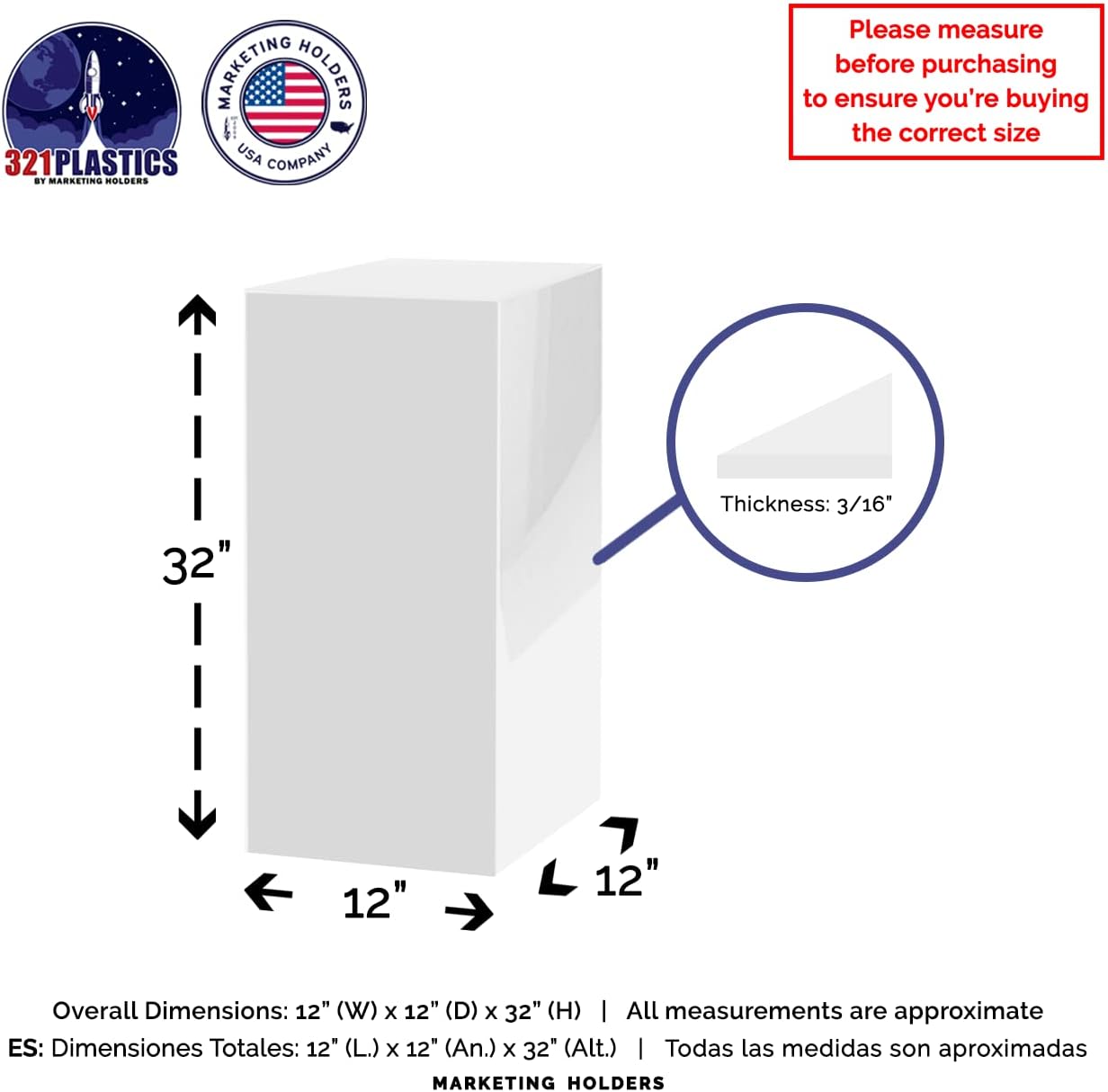 White Acrylic Display Box 12x12x32 No Lid Cube Stand