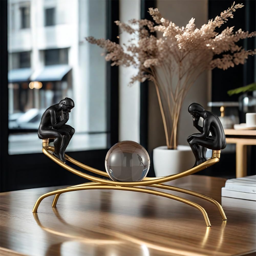 FUNSXBUG The Thinker Statue with Crystal Ball Collectible Figurine Home Decor Black