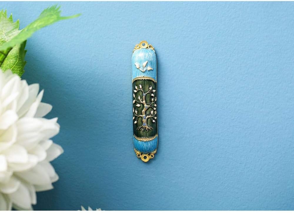 Hand Painted Enamel Mezuzah with Tree of Life Design and Gold Accents