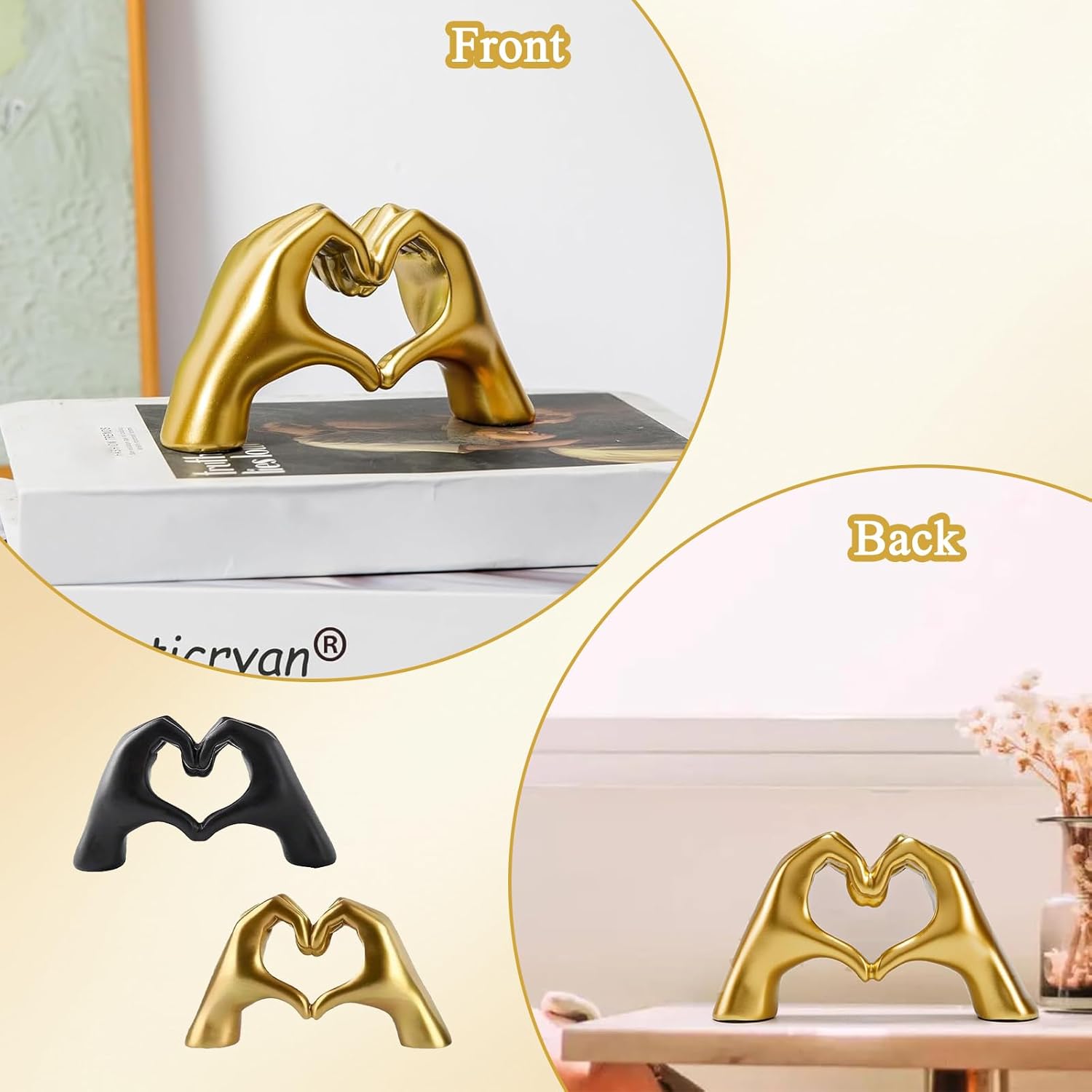 Panthra 2PCS Heart Hands Sculpture Gold and Black