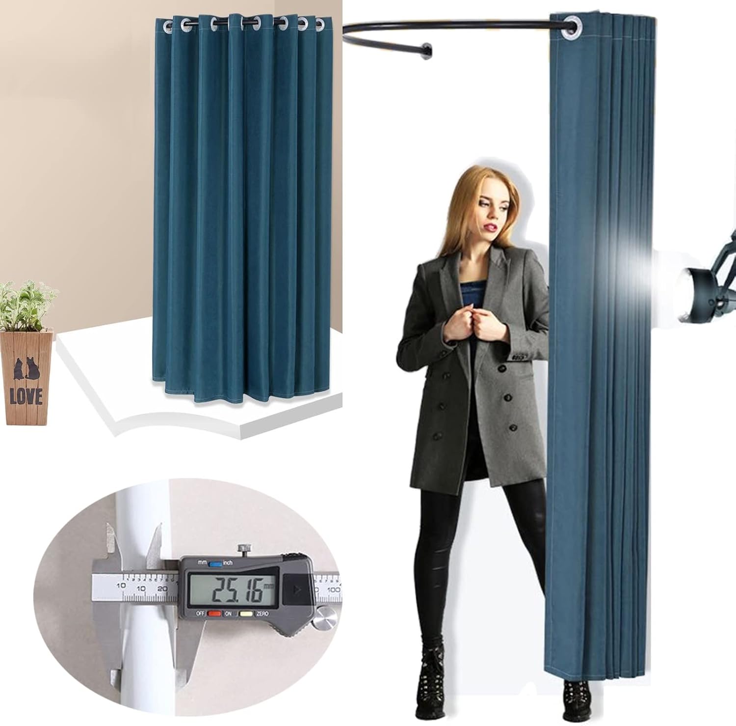 Dark Green Portable Fitting Room with U-Shaped Metal Track
