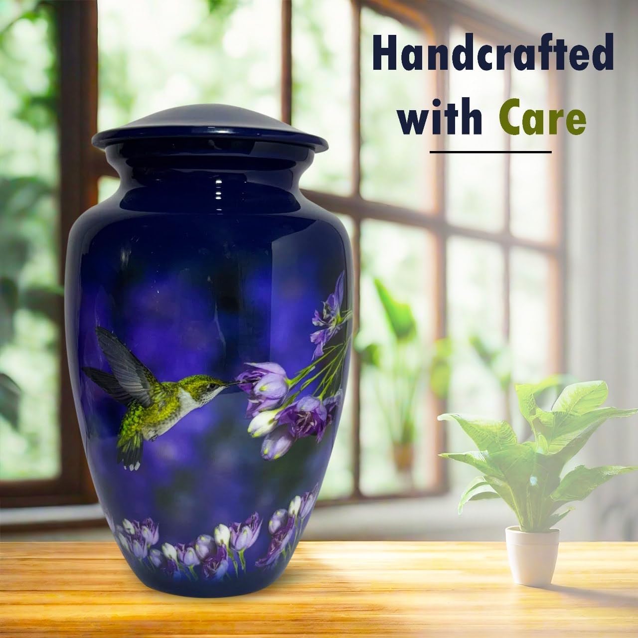 Beautiful Cremation Urns for Adult Human Ashes - Handcrafted Decorative Urn with Hummingbird Design - Blue - Large