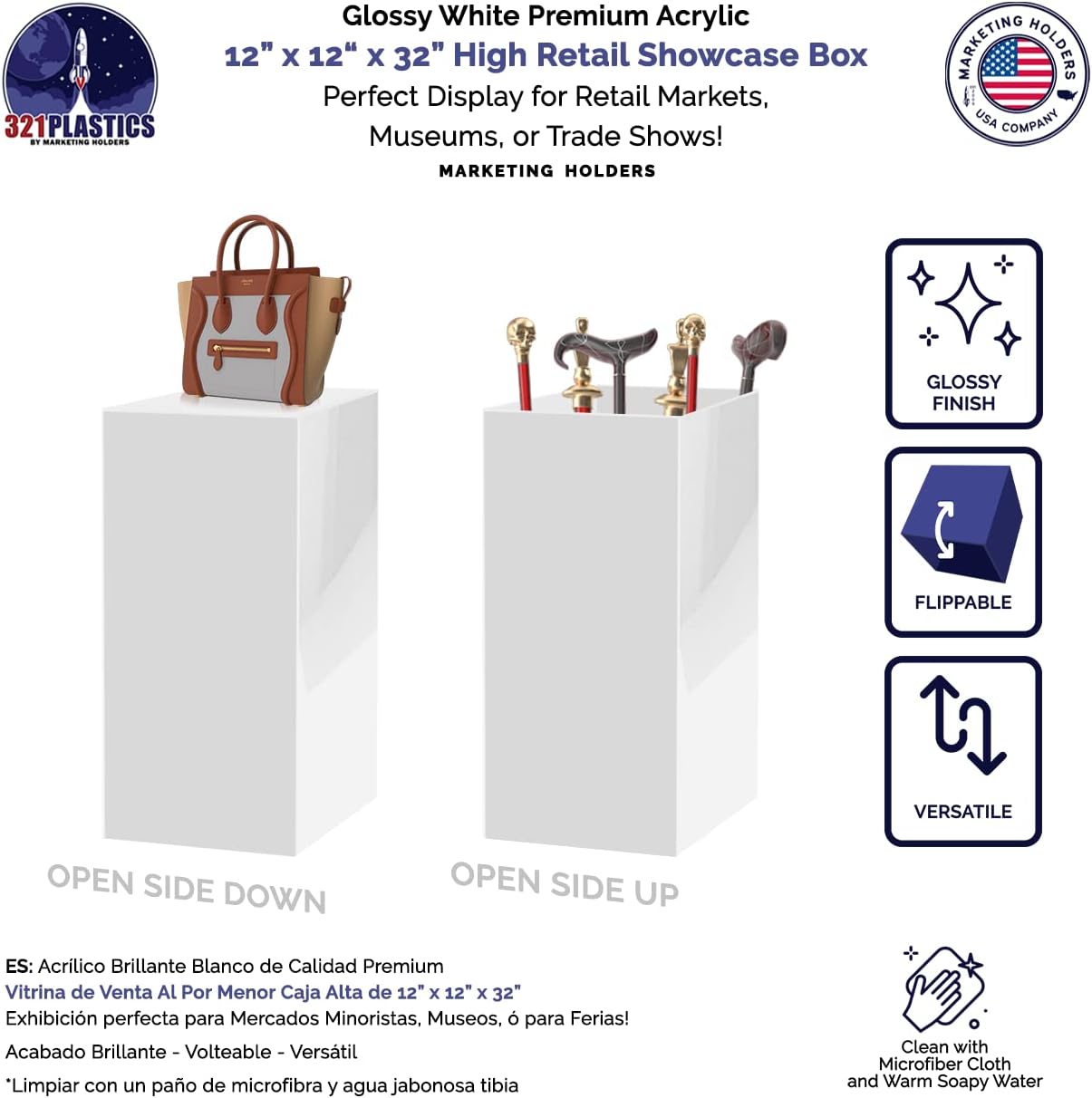 White Acrylic Display Box 12x12x32 No Lid Cube Stand