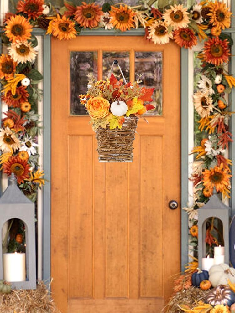 Autumn Peony Pumpkin Wall Hanging Basket for Fall Decor