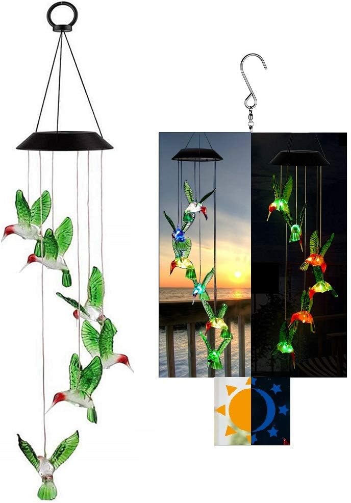 Changing Colors Solar Wind Chime Hummingbird Mobile Spinner Light Waterproof Outdoor Decor