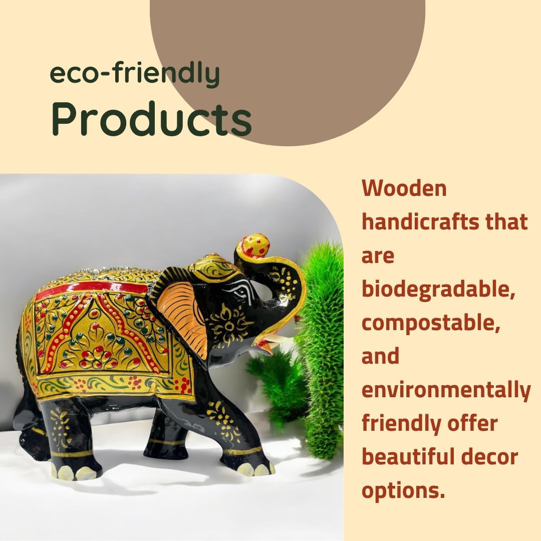 Handcrafted Wooden Elephant Statue with Gold and Gemstone Accents