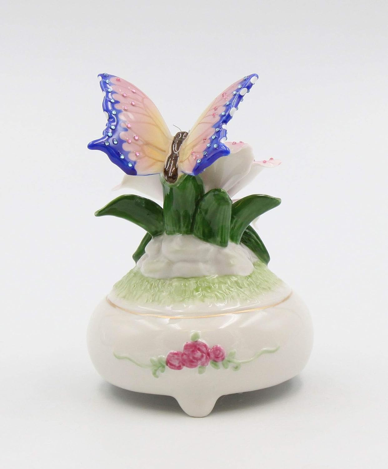 Fine Porcelain Butterfly with Stargazer Lily Musical Box Figurine 5 H