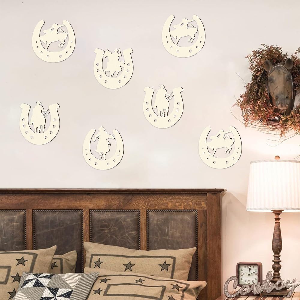 24 Pcs Western Horseshoe Wall Decor Set - Rustic Wooden Horse Shoes for DIY Crafts Cowboy Party Decor
