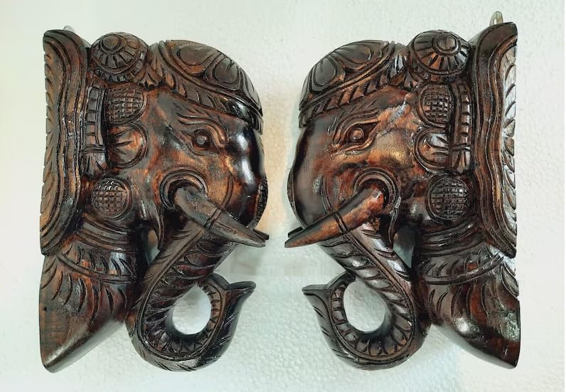 Blackperlcrafts 2 Pcs Big Wooden Elephant Wall Bracket Decor