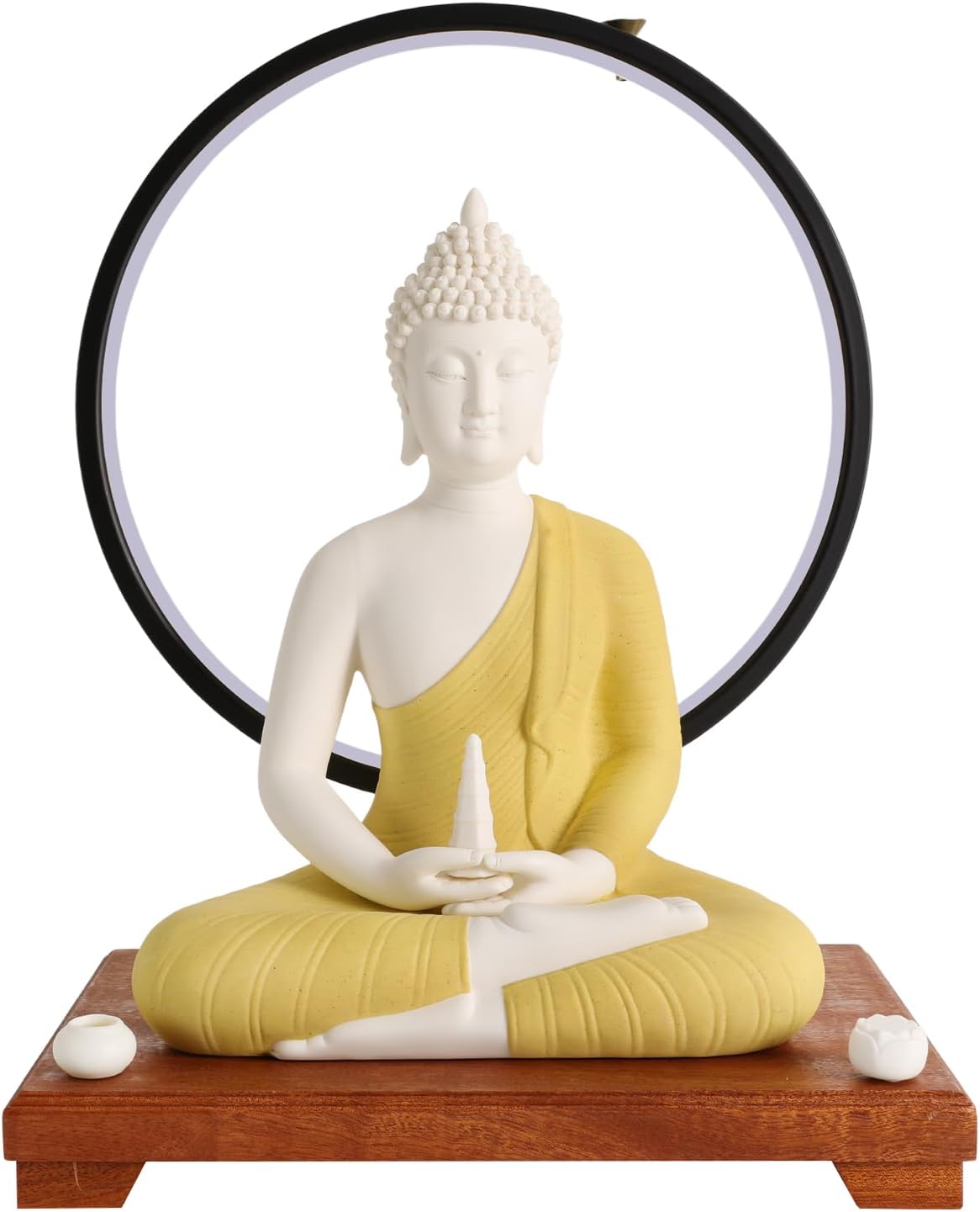 Shakyamuni Buddha Statue with LED Halo and Wooden Base