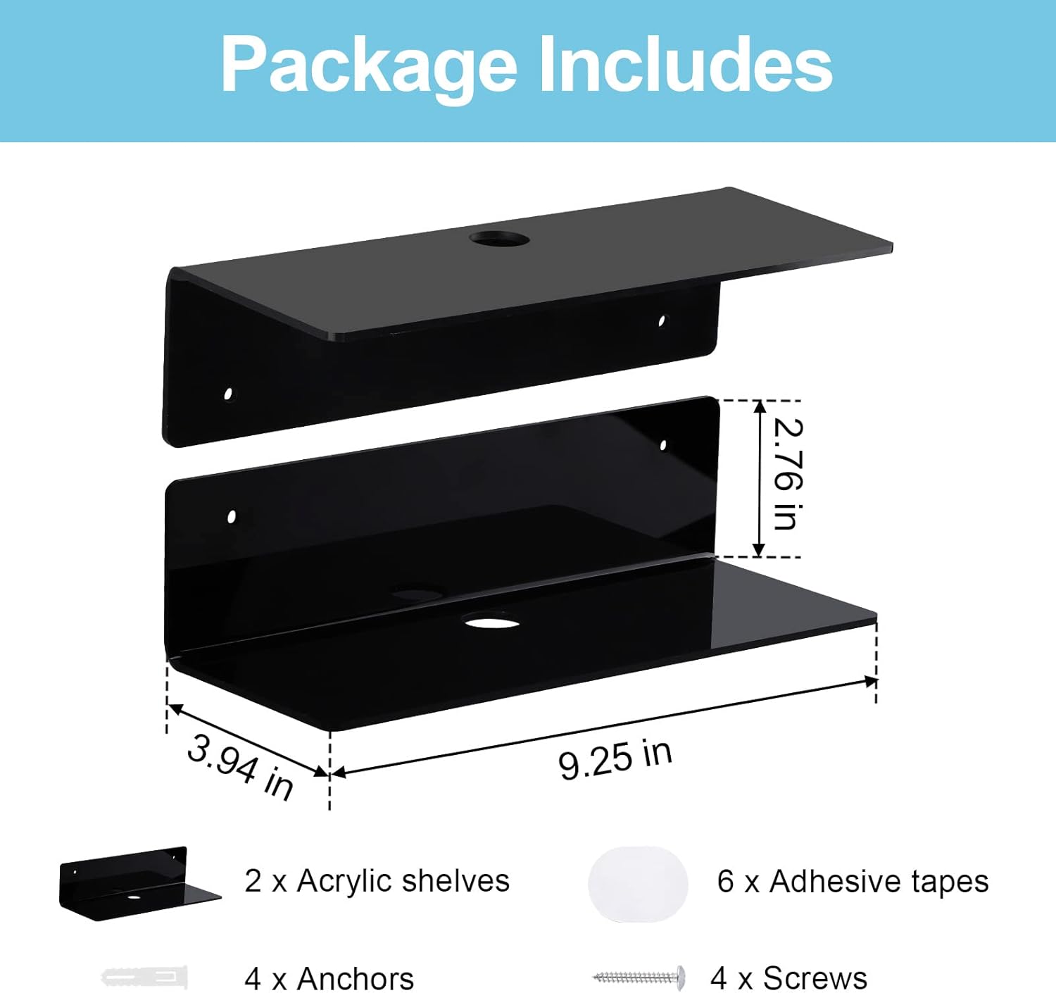 9 Inch Acrylic Floating Shelf Set of 2 - Black