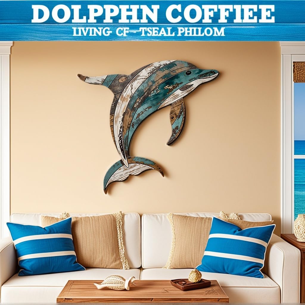 GENHAOTHREE Coastal Sea Turtle Dolphin Wall Art Set - Handcrafted Wooden Ocean Decor for Bathroom Pool Garden and Patio