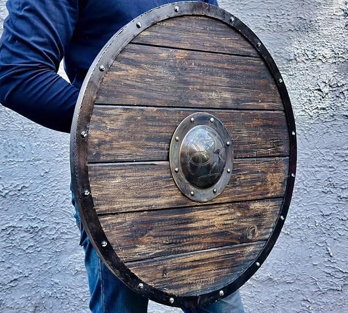 Viking Style Wooden Wall Shield 24 Inch Decor