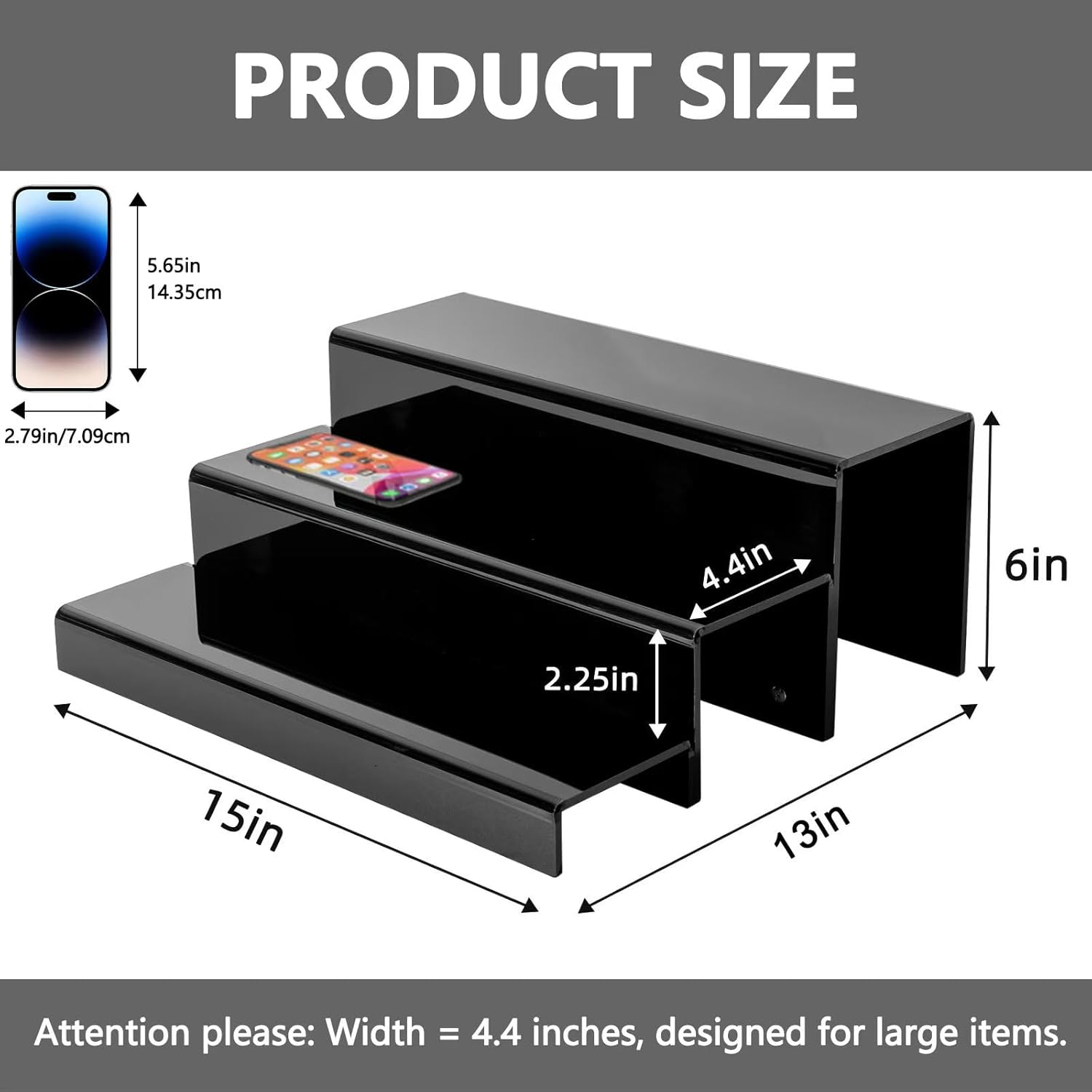 3 Tiers Bar Shelves for Liquor Bottles 15 Black Acrylic Risers Display Racks Stands for Collectibles