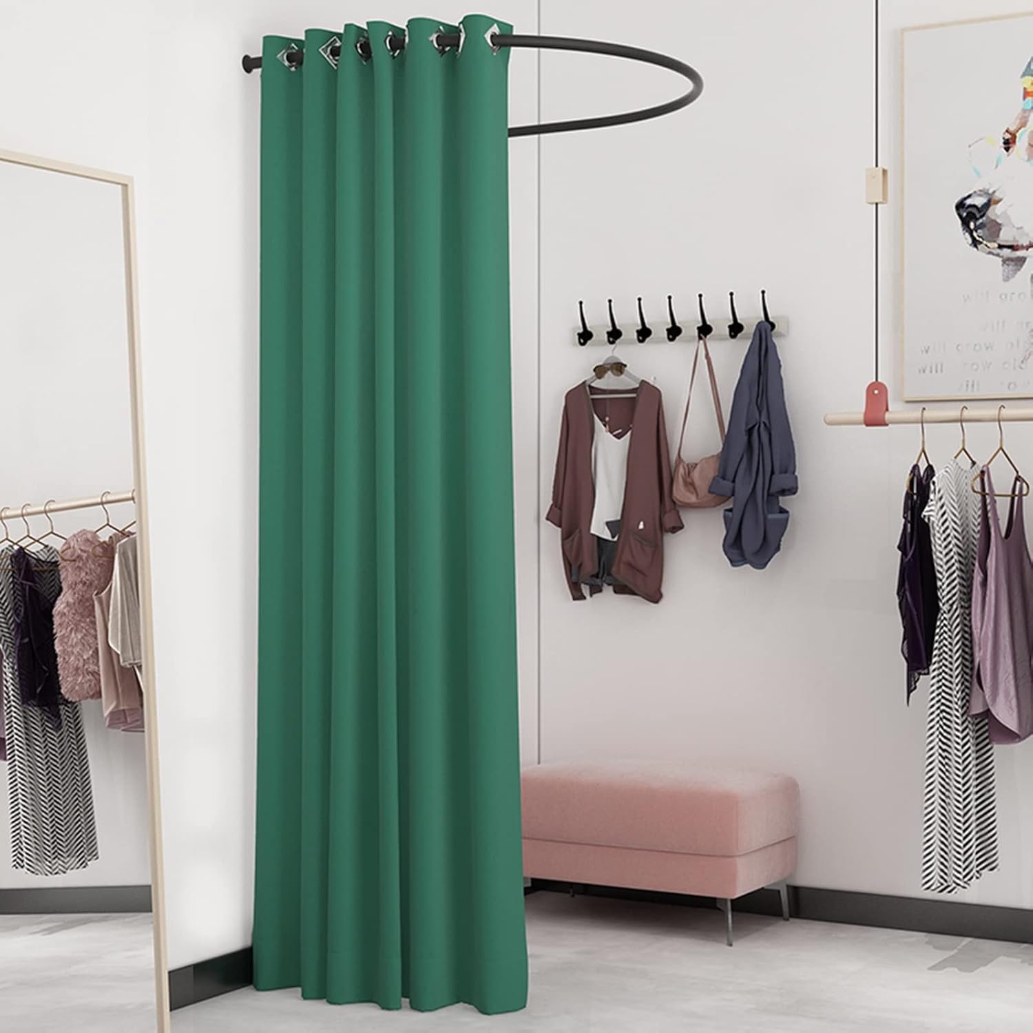 Dark Green Portable Fitting Room with U-Shaped Metal Track