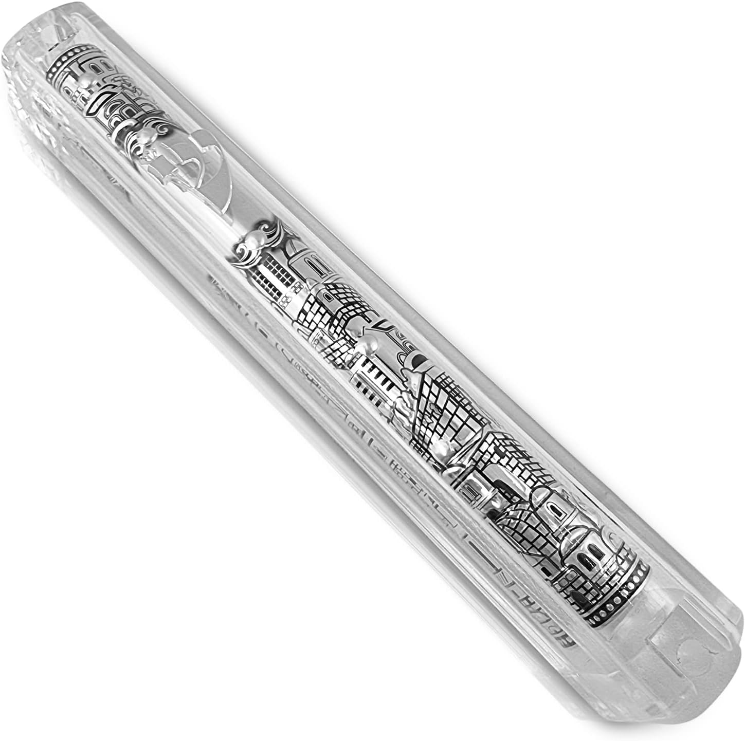 Jerusalem Clear Mezuzah Case with Scroll Silver Ornament