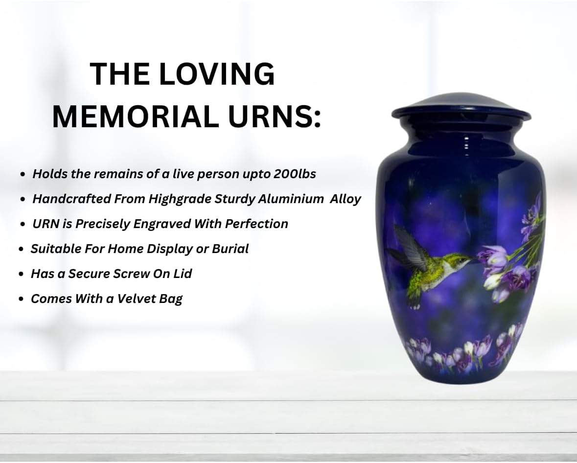 Beautiful Cremation Urns for Adult Human Ashes - Handcrafted Decorative Urn with Hummingbird Design - Blue - Large