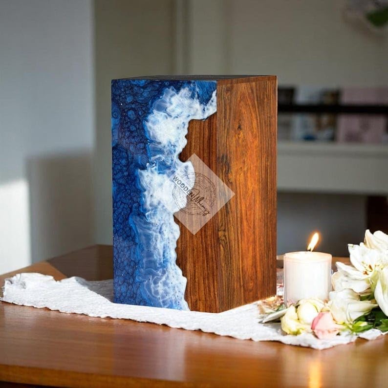 Ocean Wave Resin Urn Wooden Epoxy Memorial Box for Ashes