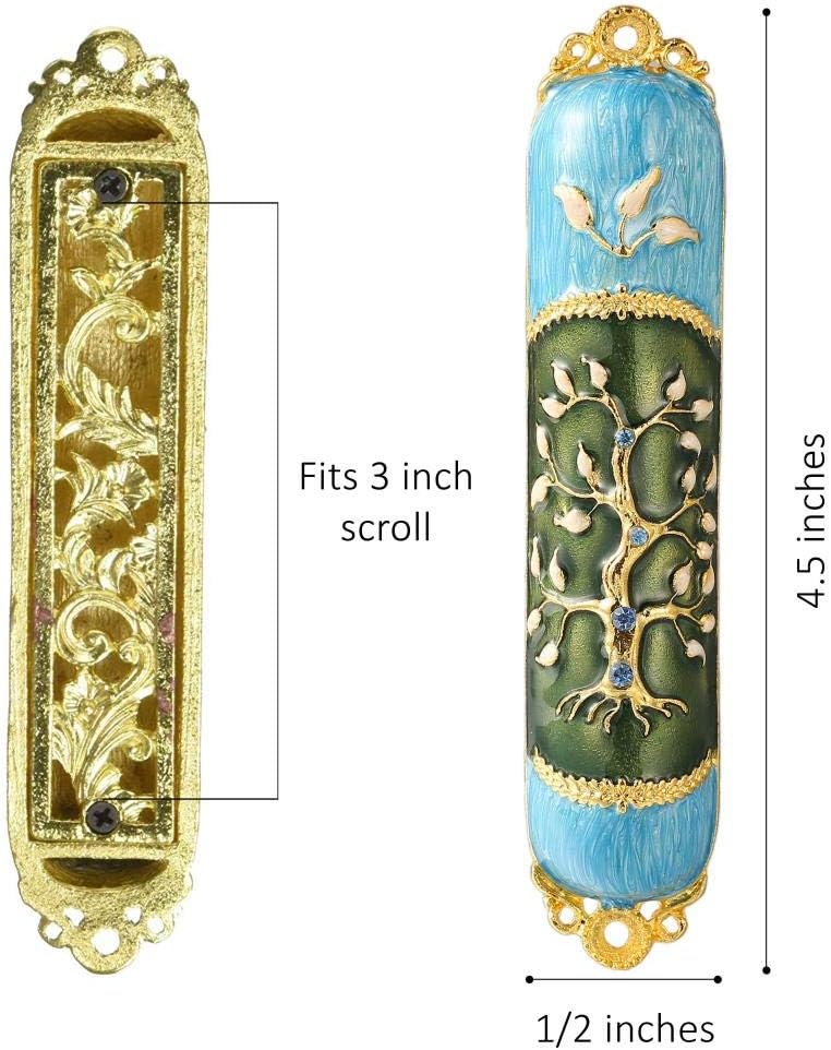 Hand Painted Enamel Mezuzah with Tree of Life Design and Gold Accents