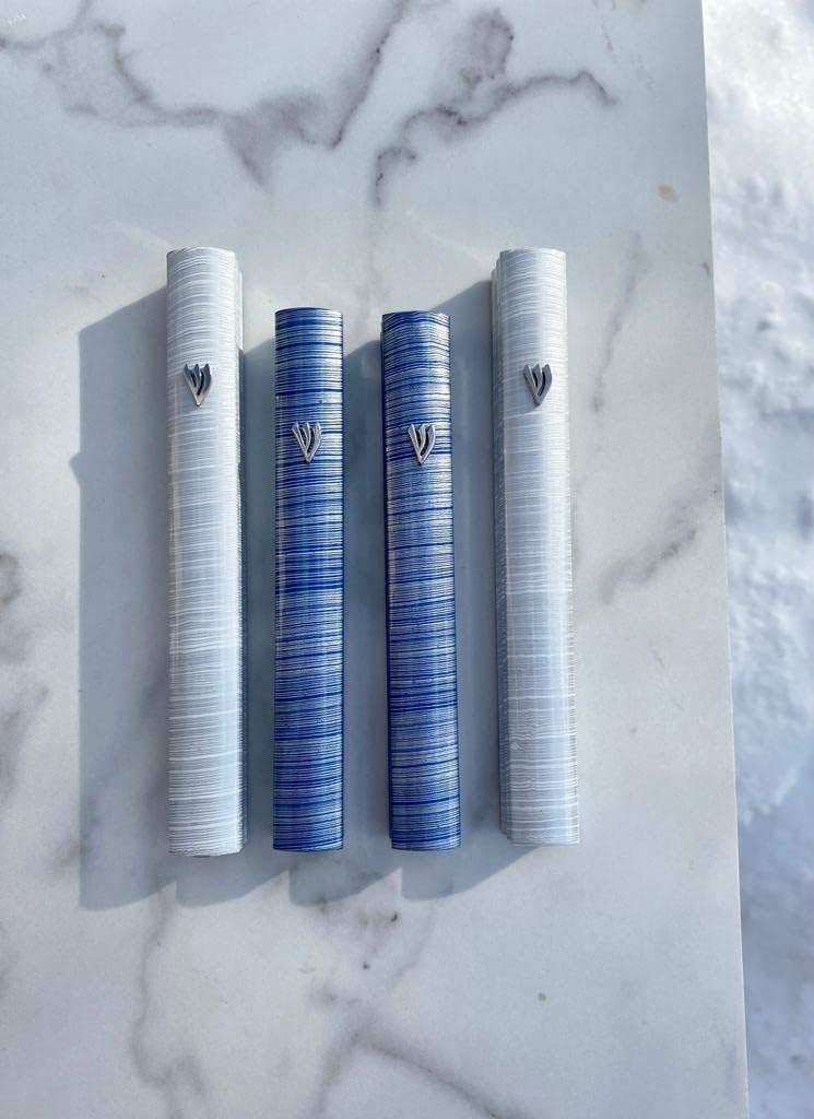 Aluminum Mezuzah Case with 3D Shin Design Blue White 5 Inches