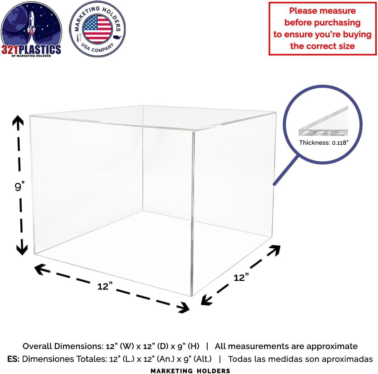12 x 12 x 9 Clear Acrylic Riser Display Box No Lid