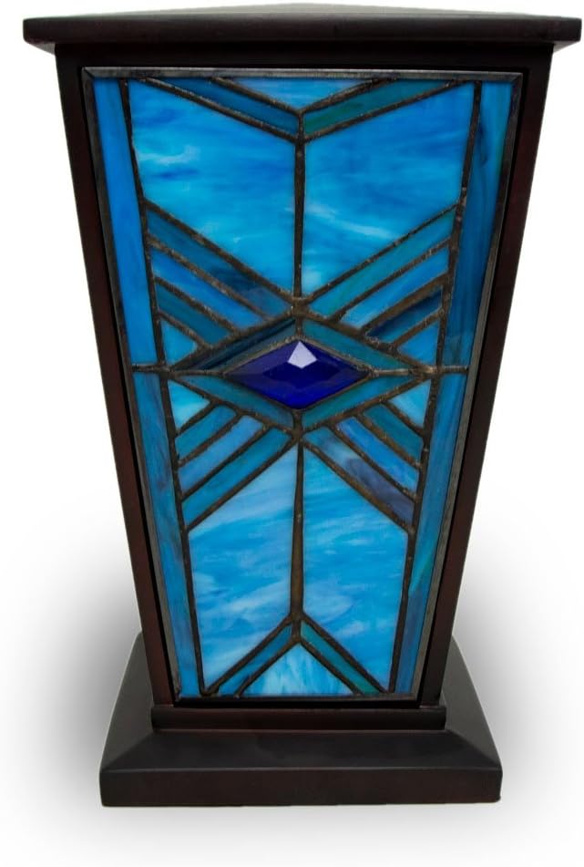 Mission Style Stained Glass Cremation Urn Large Blue