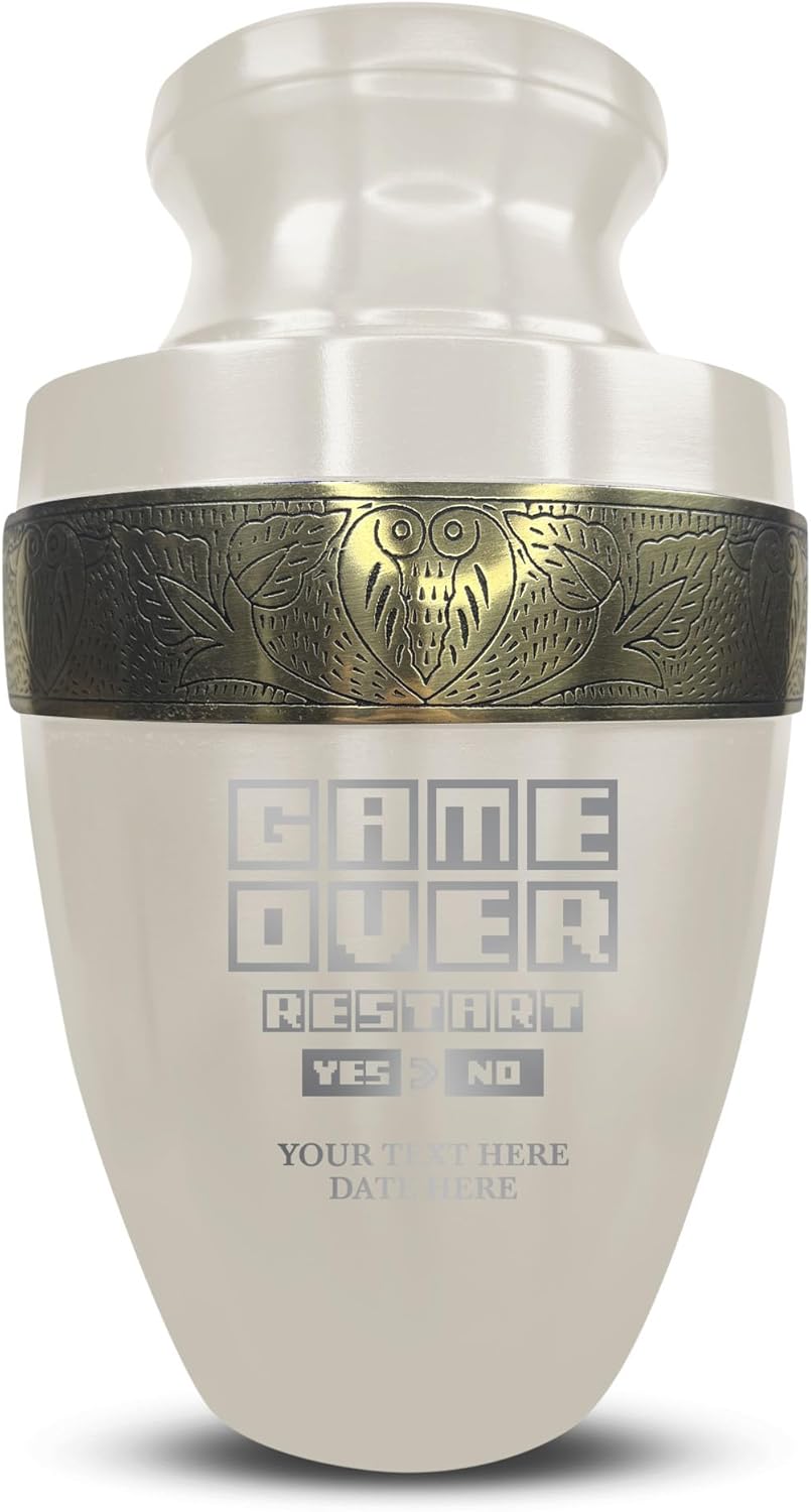 Personalized Gaming Urn with Custom Name and Date 200 Lbs Capacity Gold Rim Design White Color Game Over 3