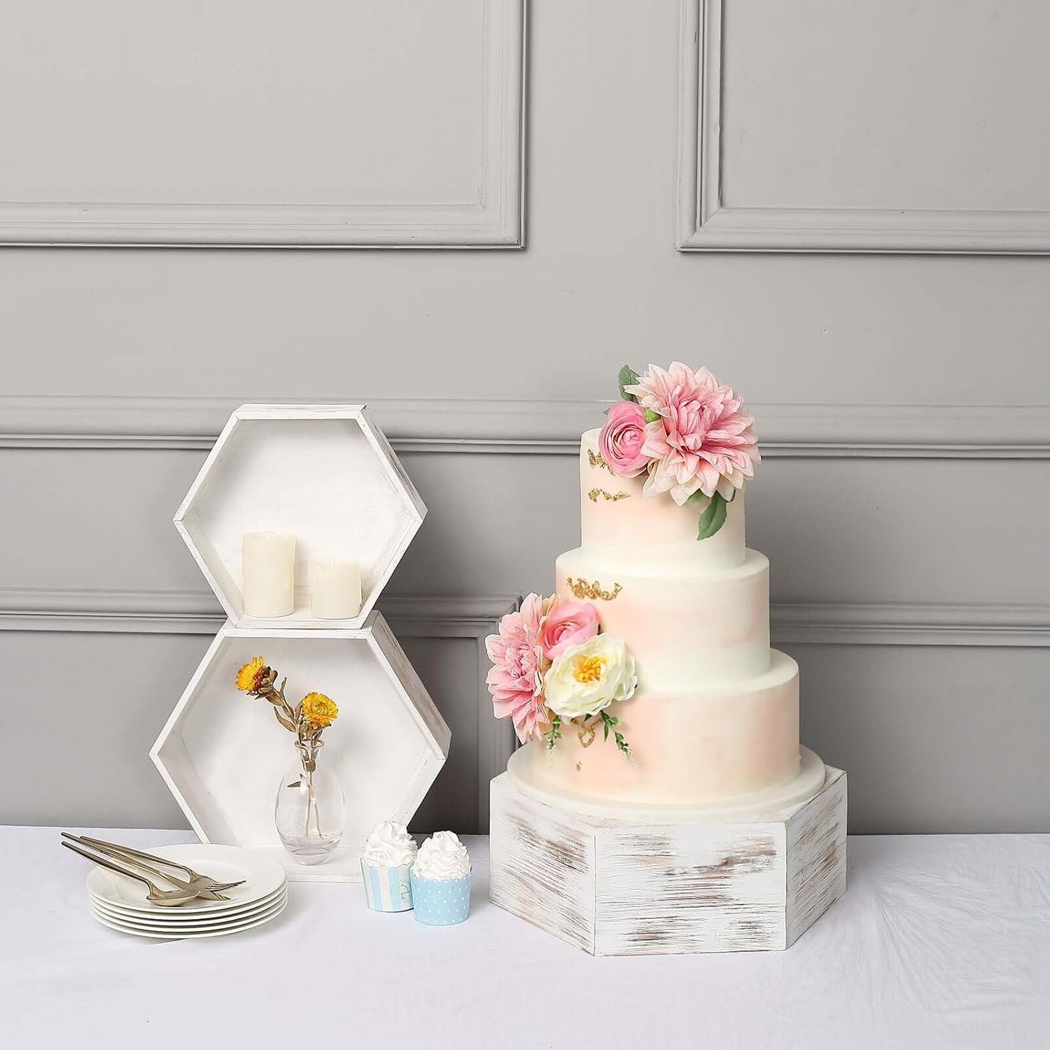 Efavormart Set of 3 Whitewashed Hexagonal Cake Stand Display Boxes