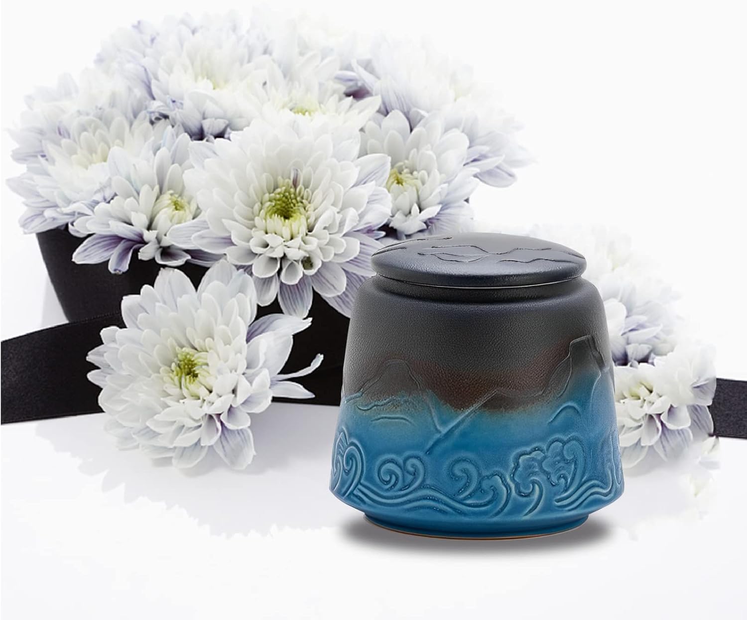 Small Urn for Human Ashes - Black Blue Gradient 33 Inches Ceramic Urn